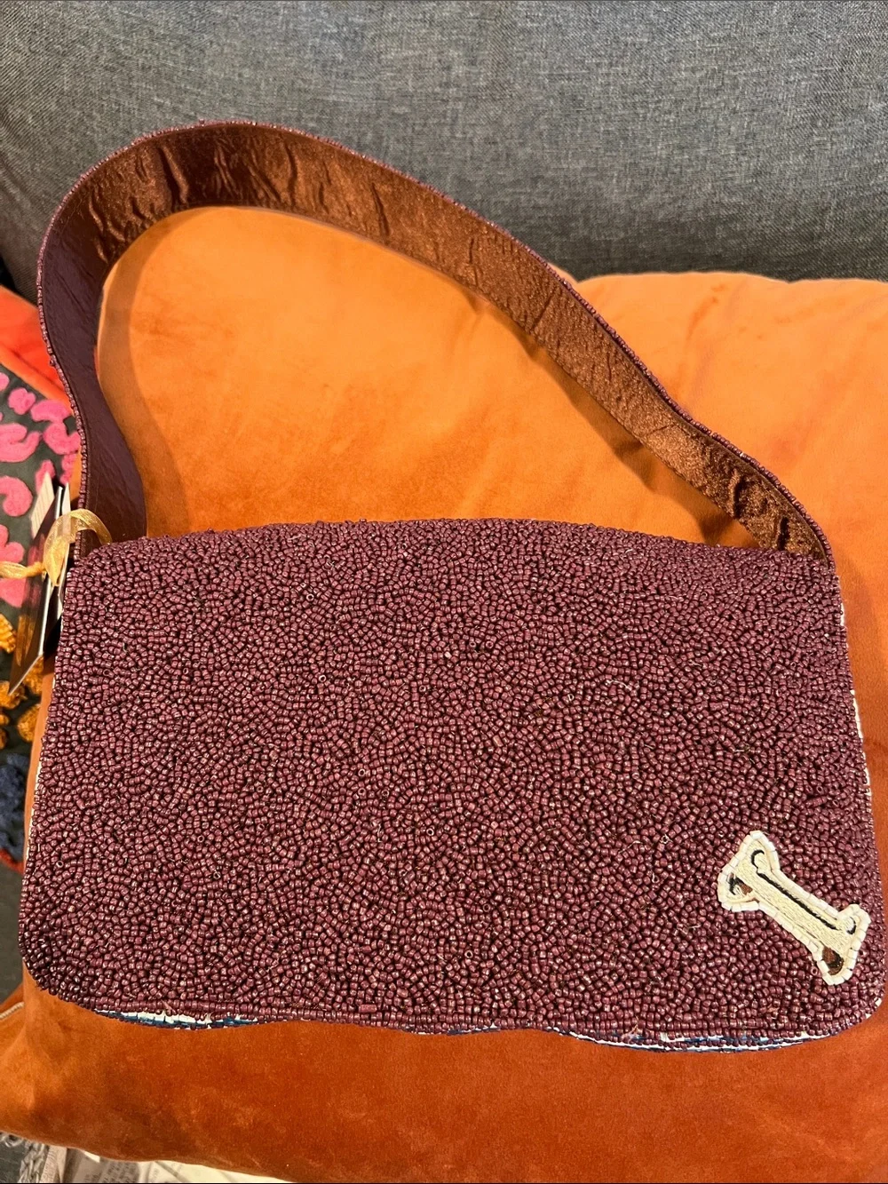 Hand-Beaded Burgundy Dog Portrait Shoulder Bag